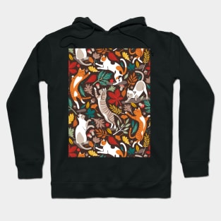 Autumn joy // pattern // brown oak background cats dancing with many leaves in fall colors Hoodie